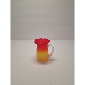 Vintage Pilgrim Glass Amberina Red Yellow Ruffled Rim Satin Vase with Handle